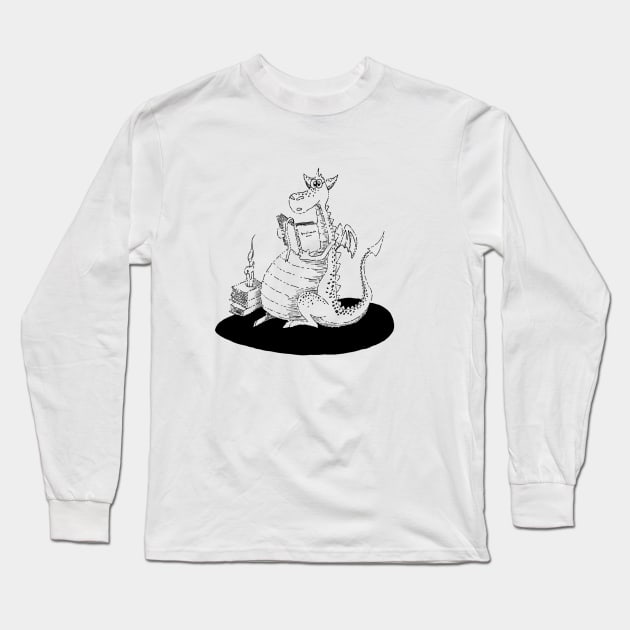 Cute Dragon Reading a Book Long Sleeve T-Shirt by PrintablesPassions